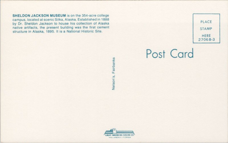Sitka AK Sheldon Jackson Museum on College Campus Unused Postcard E89