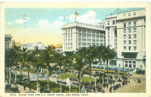 San Diego California Plaza Park & US Grant Hotel 1924 WB  Postcard Used