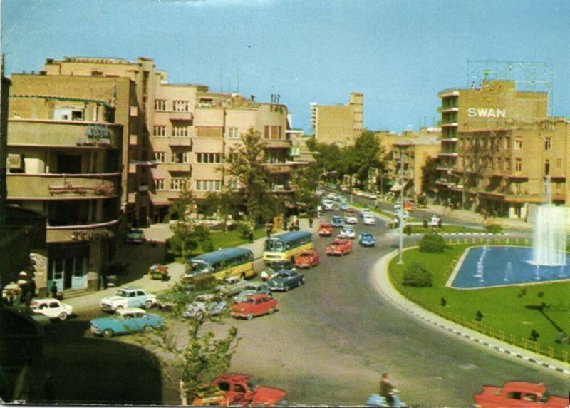 iran, TEHRAN TEHERAN, Ferdosi Square, Car Bus, SWAN Building (1970s) Stamps