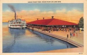 OH, Ohio  CEDAR POINT PIER~LAKE ERIE  Boat~Pavilion~Crowd  c1940's Postcard