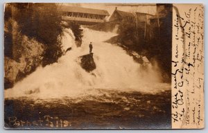 Barnet Falls~Man On Rock~Covered Bridge Lost in 2937 Flood~RPPC #7 Doane Cancel