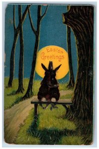 Galesburg Illinois Postcard Easter Greetings Anthropomorphic Rabbits Full Moon