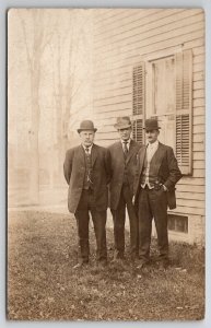 RPPC Three Dapper Men Bowler Hats Suits Pose For Photo On Lawn Postcard M25