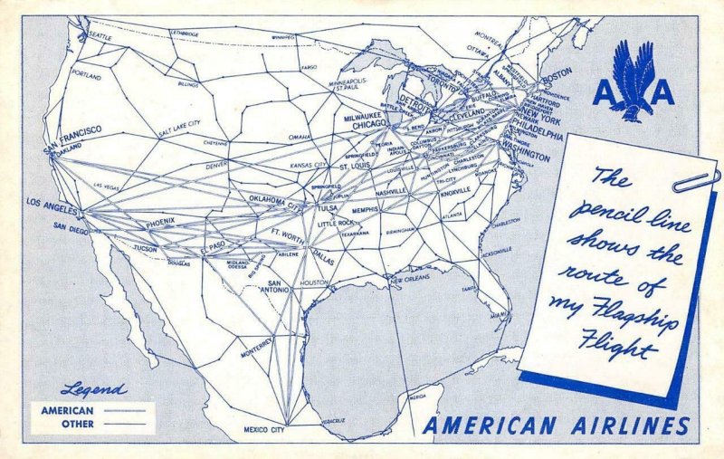 AMERICAN AIRLINES Route of the Flagships Map c1940s Vintage Postcard