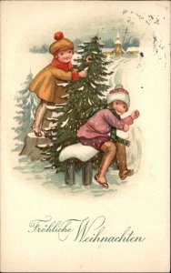 Frohliche Weihnachten Girls Cute Kids Decorate Christmas Tree c1910 Postcard