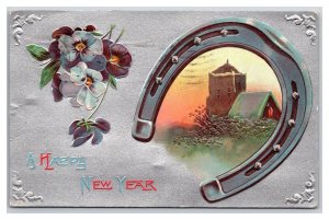 Happy New Year Horseshoe Violet Flowers Silver Foiled Embossed DB Postcard A16