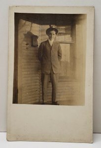 Chicago Illinois RPPC Young Man on Porch Signed Leach S. Keeler Ave Postcard B13