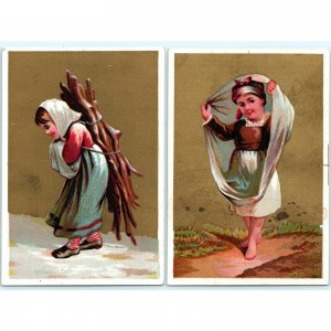 x2 LOT c1880s NICE Bright Litho Girl Series Walk Winter Stock Trade Card C14