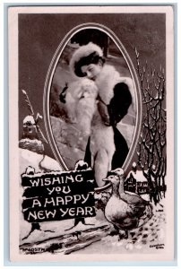 Dearborn Missouri MO Postcard RPPC Photo New Year Pretty Woman With Fux Fur
