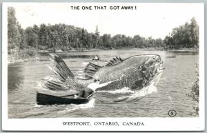 WESTPORT ONT. CANADA EXAGGERATED FISHING VINTAGE REAL PHOTO POSTCARD RPPC