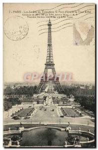 Old Postcard Paris Les Jardins du Trocadero to the lena Bridge and Eiffel Tower