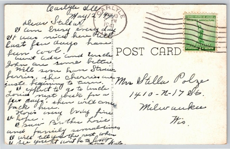 Greenville Illinois~Catholic Church Street View~B&W Photo~PM 1941~Vtg Postcard