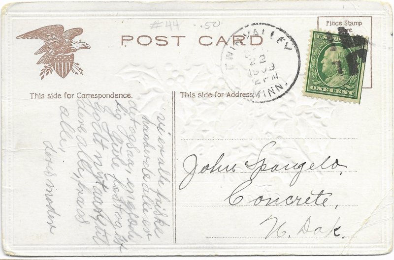 US. Used. Minnesota. Embossed Christmas Card. Nice.  Mailed 1909.