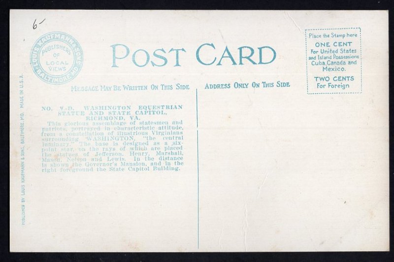 Virginia RICHMOND Washington Equestrian Statue & State Capitol - Divided Back