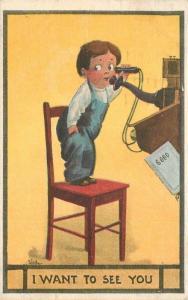 Artist Impression 1912 Boy Telephone Chair postcard 1044 Wall