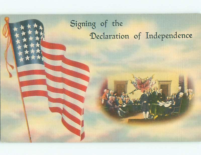 Linen Patriotic USA FLAG & DECLARATION OF INDEPENDENCE SIGNING AC0916