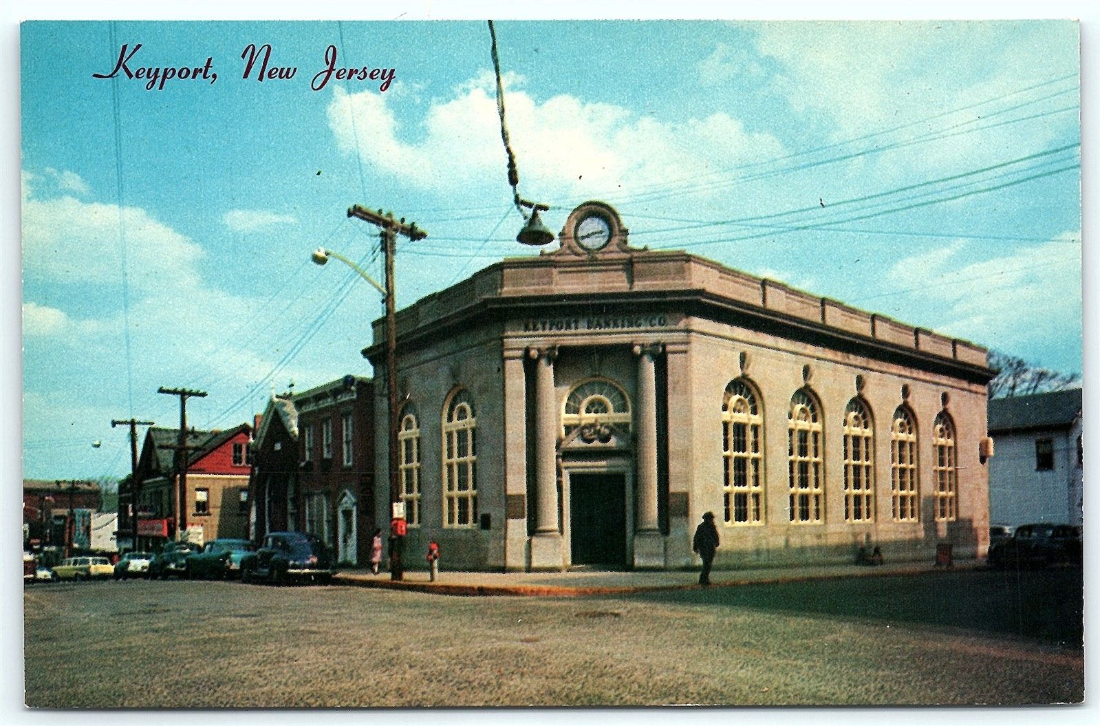 Postcard NJ Keyport 1950's East Front Street Keyport Bank Old Cars B16