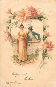 Romantic couple and flowers fantasy chromolithograph postcard 1900