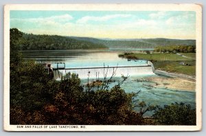 Lake Taneycomo Missouri~Air View Dam & Falls~Vintage Linen Postcard