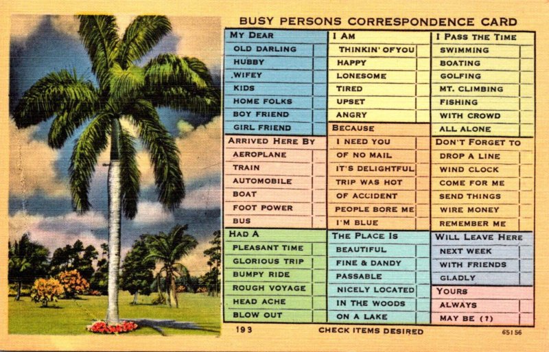 Humour Busy Person's Correspondence Card With Palm Tree