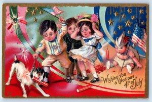 c1910's Fourth Of July Children Dog With Firecrackers Flags Embossed Postcard