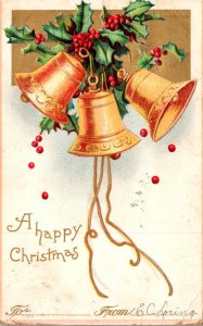 Merry Christmas With Gold Bells and Holly 1908 International Art Publishing