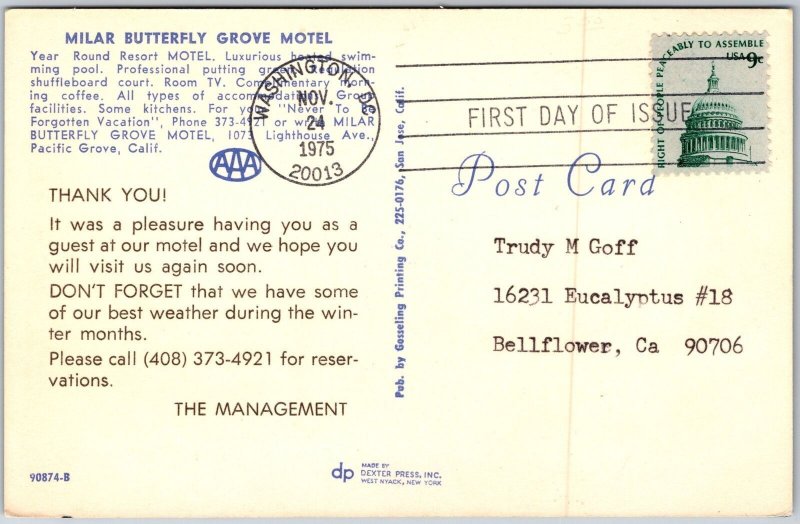 1975 Pacific Grove CA-California, Milar Butterfly Grove Motel, Vintage Postcard