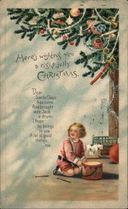 Christmas Little Boy Toy Drum Cow Sheep Pull Toy c1910 Vintage Postcard