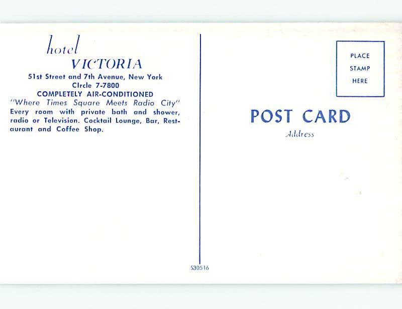 Unused 1950's OLD CARS & VICTORIA HOTEL Manhattan New York NY Q5544@