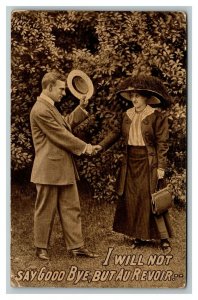 Vintage 1900's Postcard Woman Large Hat & Man Shaking Hands Saying Goodbye