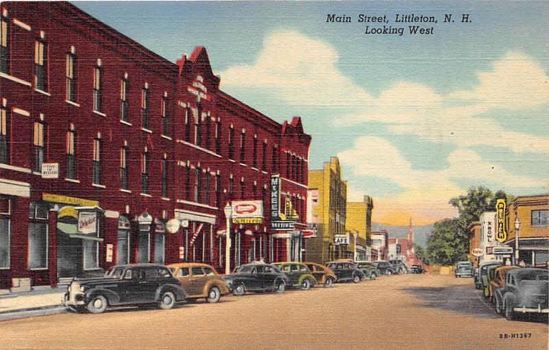 Littleton New Hampshire~Main Street Looking West~Lots of Stores~Classic Cars~'48