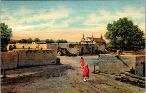 Isleta Pueblo Old Church in Distance NM Postcard PC122