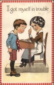 Little Boy at School in Trouble w/ Teacher c1915 Postcard