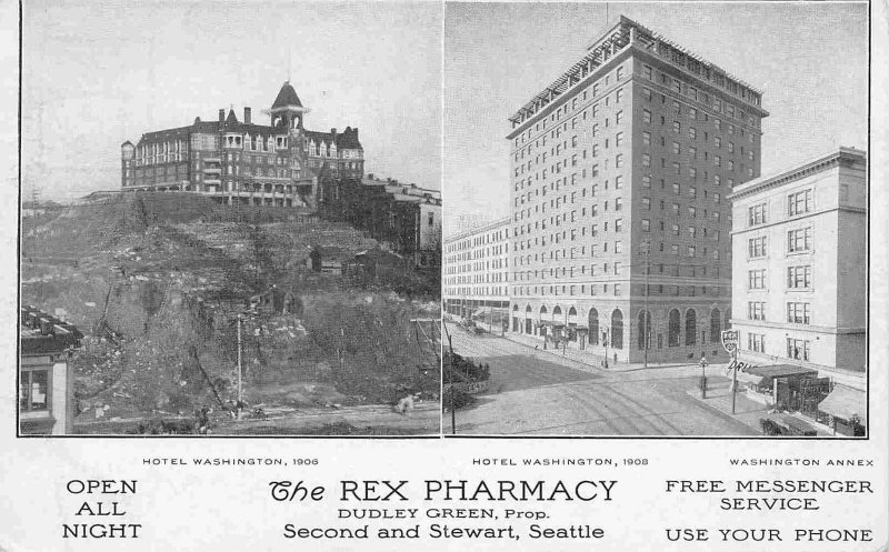 Rex Pharmacy Open All Night Washington Hotel Seattle 1908c advertising postcard