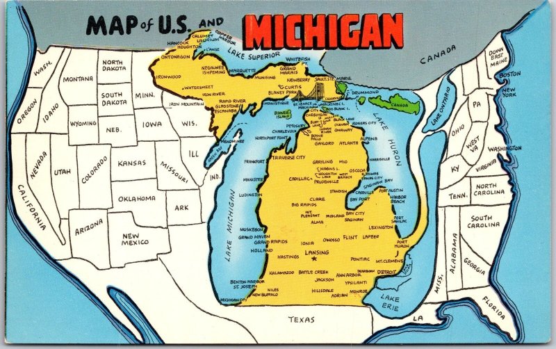 State of Michigan MI, The Water Wonderland, Map, Lake Superior, Vintage Postcard