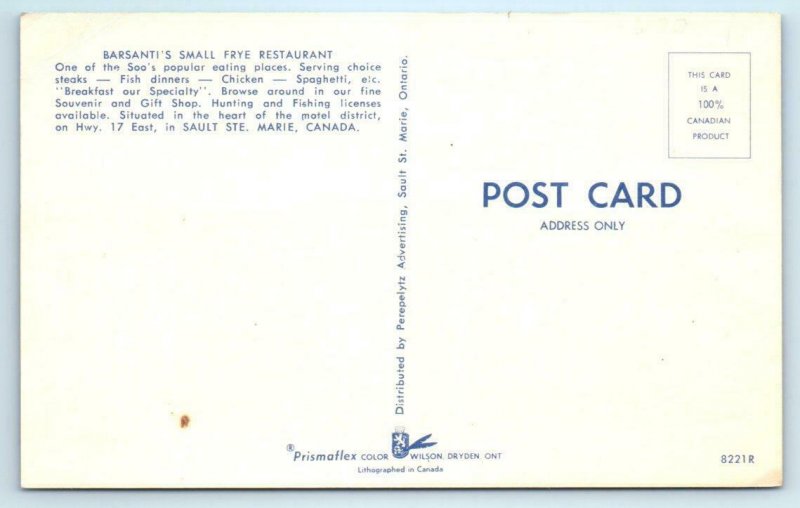 SAULT STE. MARIE, Canada ~ Roadside BARSANTI'S SMALL FRYE Restaurant  Postcard