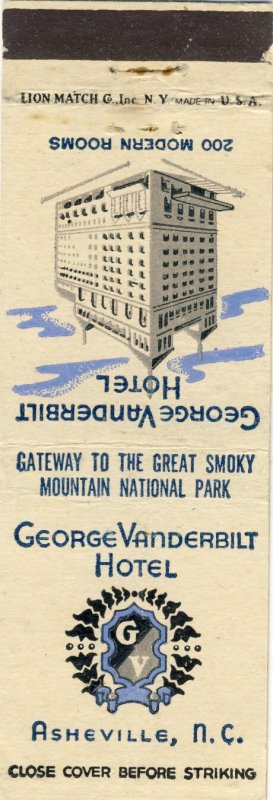 Asheville, North Carolina/NC Match Cover, George Vanderbilt Hotel