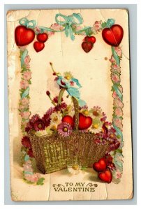 Vintage 1912 Valentines Postcard Gold Basket of Red Hearts and Purple Flowers