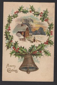 Merry Christmas with Winter Scene Holly Bell embossed pm1909 ~ DB