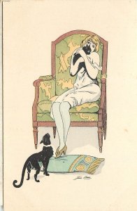 Artist Signed Postcard Woman in Neglige With Black Cats Xavier Sager Paris 534