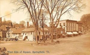 Springfield VT West Side of Square Store Fronts Horse & Wagons RPPC Postcard