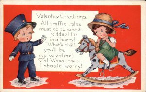 Whitney Valentine Little Boy Policeman Girl Riding Toy Horse Vintage Postcard