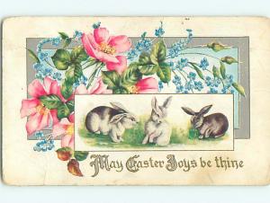 Divided-Back easter BUNNY RABBITS WITH PINK & BLUE FLOWERS r3224