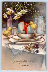 Latvia Postcard Easter Egg Baby Chicks On The Table Pipe Berry And Flowers c1910