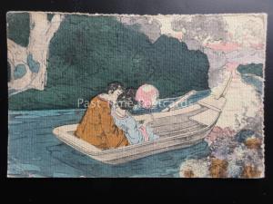 Greeting: HAND PAINTED Japanese Lady & Gentleman in Boat c1904 by M.Ettlinger