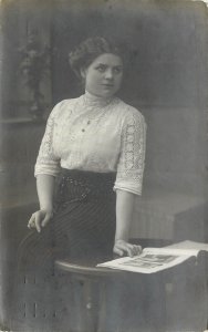 RPPC Postcard Studio Portrait Girl in Lace Blouse Reading Open Book, Germany