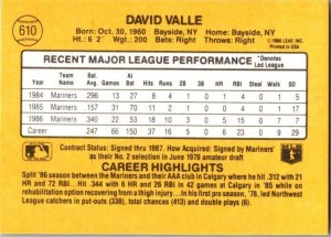 1987 Donruss Baseball Dave Valle Seattle Mariners sk20292