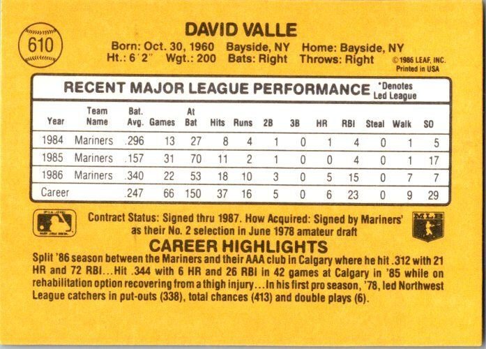 1987 Donruss Baseball Dave Valle Seattle Mariners sk20292