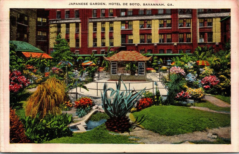 Vtg Savannah Georgia GA Hotel De Soto Japanese Garden 1930s Linen Postcard