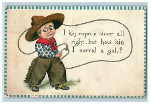 Circa 1910 Cute Young Cowboy Lasso Rope A Steer Corral A Gal Postcard P16